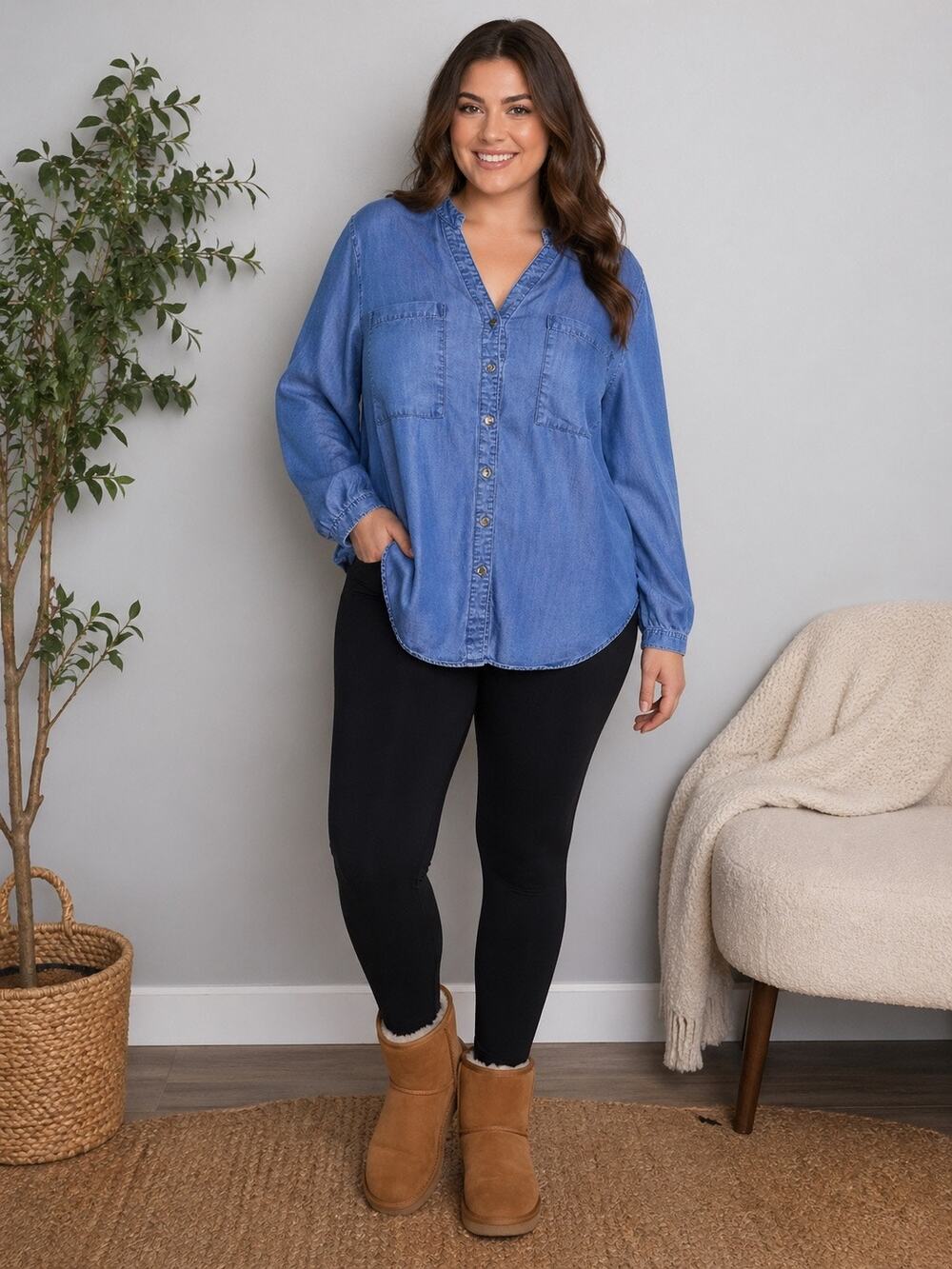 Chicos Chambray Denim Tunic Long Sleeve Blue Lyocell Tencel Women’s XL 3